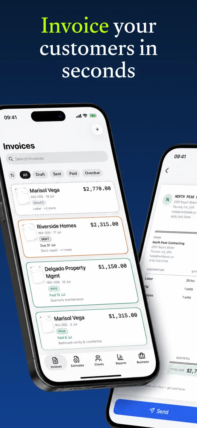 The Paid app Invoices screen listing invoices by status, next to the send-invoice flow.