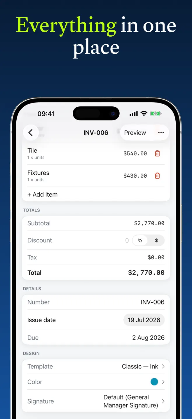 The Paid app invoice editor showing line items, subtotal, tax, total, dates, and template settings.