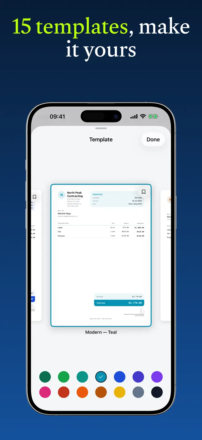 The Paid app template picker showing an invoice template with a brand-color palette.